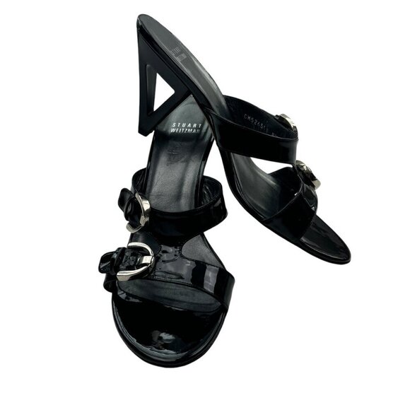 Stuart Weitzman Black Patent Leather Buckle Triangle Cutout Heels Women's SZ 8.5 - Picture 1 of 11